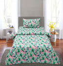 Single satin Bed Sheet With 1 Pillow - Pink Greenish Beauty