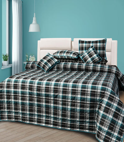 8 Pcs Quilted Reversible Bed Spread Set - Aqua Checks