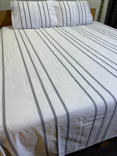 2 Pillow Pure Cotton King size Bed Sheet -White and grey stripes