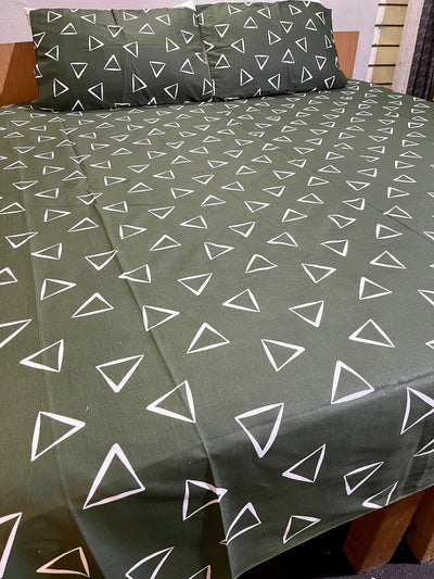 2 Pillow Pure Cotton King size Bed Sheet -Green triangles