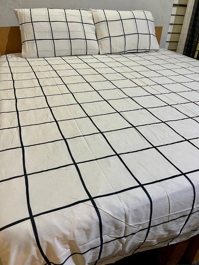 2 Pillow Pure Cotton King size Bed Sheet -Off white check