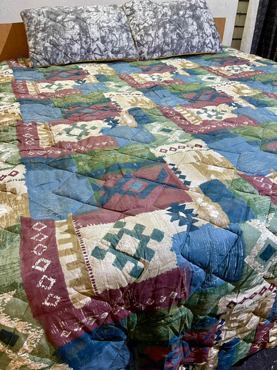3 pc Quilted Reversible Bed Spread Set -  Tribal