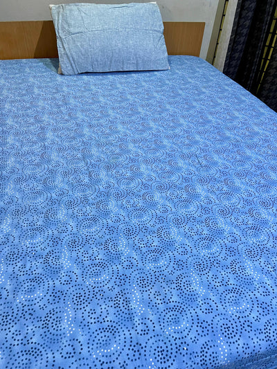 Cotton Single Bed Sheet With 1 Pillow -Blue rangoli