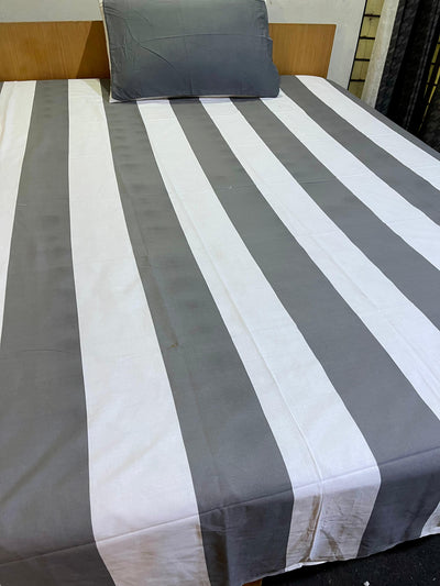 Cotton Single Bed Sheet With 1 Pillow -Grey nd white strips