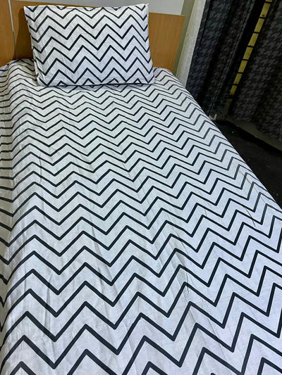 Satin Single Bed Sheet With 1 Pillow -Zigzag b&w
