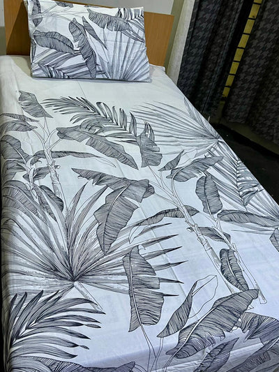 Satin Single Bed Sheet With 1 Pillow -Stolen leaves.