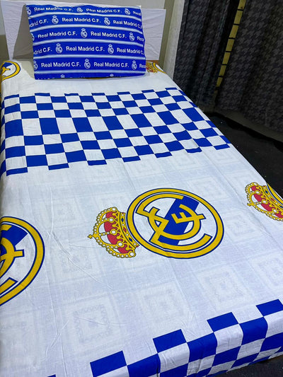 Cotton Single Bed Sheet With 1 Pillow -Real Madrid flown