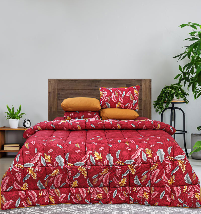 Quilted Reversible Bed Spread Set - Cranberry Feathers