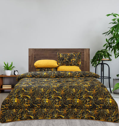 Quilted Reversible Bed Spread Set - Stencil Gold