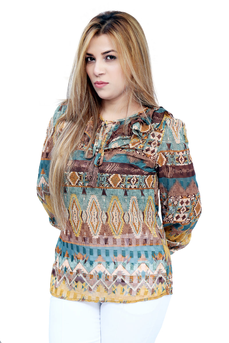 Jacquard Printed Top With Sleeves - Abstract