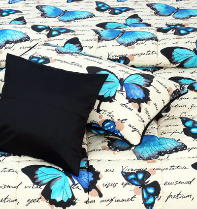 4 Pcs Quilted Reversible Bed Spread Set - Bluish Butterfly