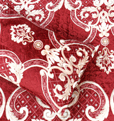 5 Pcs Printed Quilted Supersoft Velvet Set - Redish White