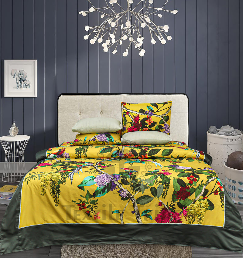 4 Pillow Digital Cotton Satin Bed Sheet - Mustard nest