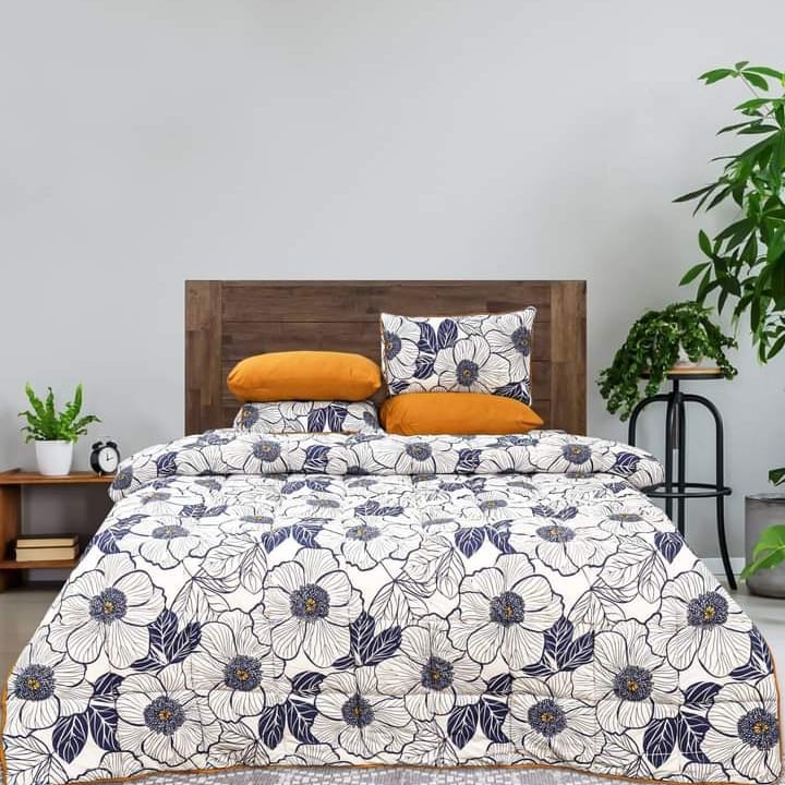 Quilted Reversible Bed Spread Set - Blue white Flowers